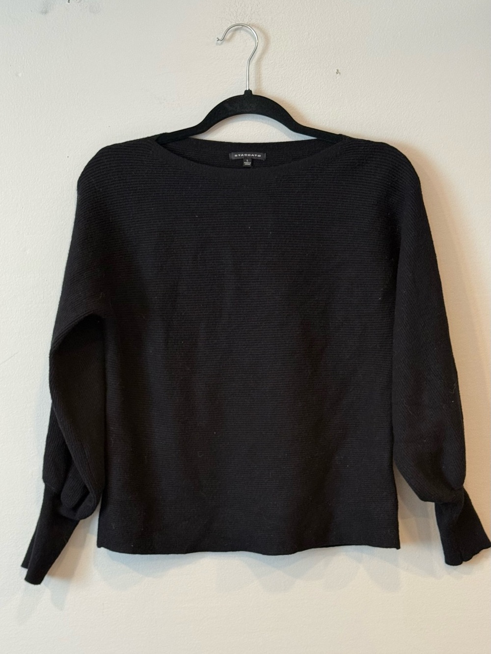Staccato Women's Black Ribbed Boatneck Sweater with Balloon Sleeves Size Large